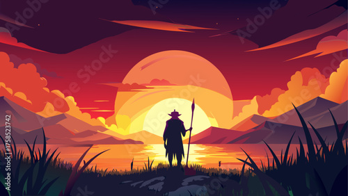 Silhouette of warrior against sunset view