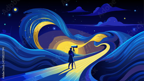 Man stargazing with telescope at night sky