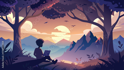 Person working on laptop in nature scene