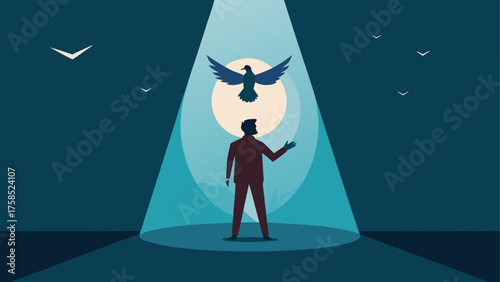 Man standing under spotlight with doves