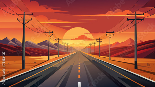 Road leading to the sunset with mountains
