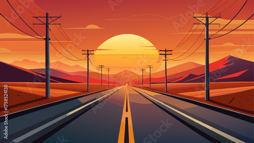A road stretches into the sunset horizon