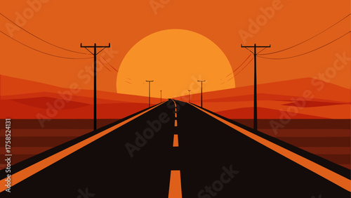 A road stretching into the sunset horizon