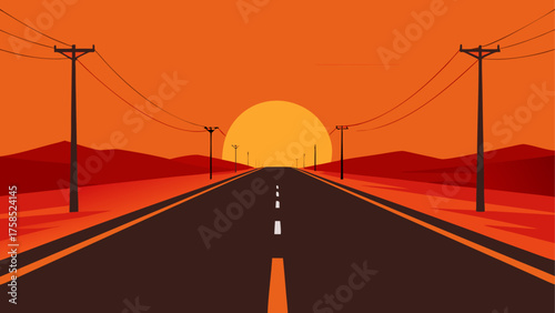 Sunset view of a road with power lines