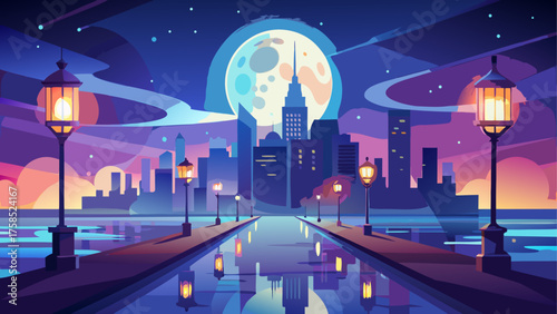 Cityscape reflecting on water at night