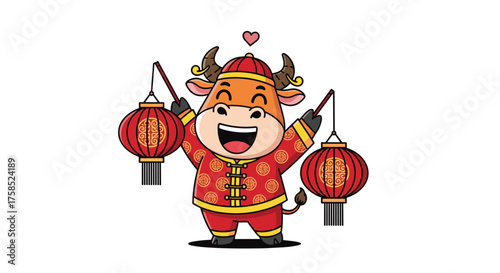 A cheerful ox wearing traditional Chinese clothing holds two red lanterns during a festival celebration.