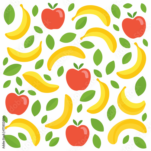 Colorful fruit vector pattern featuring pears, watermelons, pineapples, pumpkins, bananas, and apples arranged in a playful, seamless design for packaging, fabric, and decorative projects