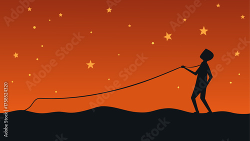 Silhouette flying kite in starry desert sky