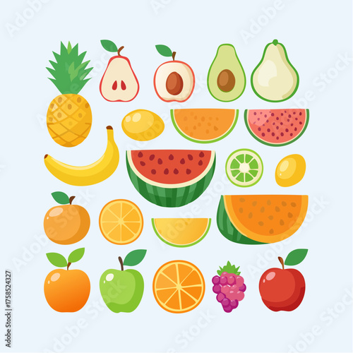 Colorful fruit vector pattern featuring pears, watermelons, pineapples, pumpkins, bananas, and apples arranged in a playful, seamless design for packaging, fabric, and decorative projects