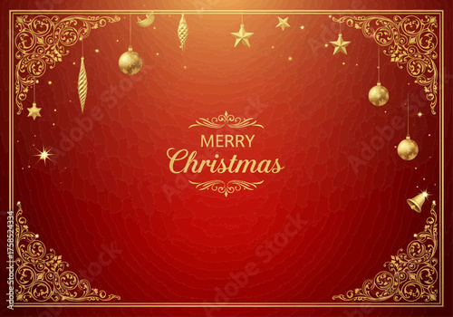 Vibrant red Christmas greeting card design, beautifully framed with intricate golden ornaments and festive hanging baubles, celebrating the joy of the holiday season