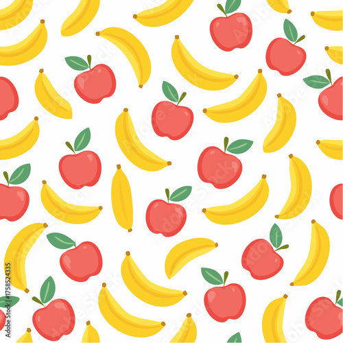 Colorful fruit vector pattern featuring pears, watermelons, pineapples, pumpkins, bananas, and apples arranged in a playful, seamless design for packaging, fabric, and decorative projects