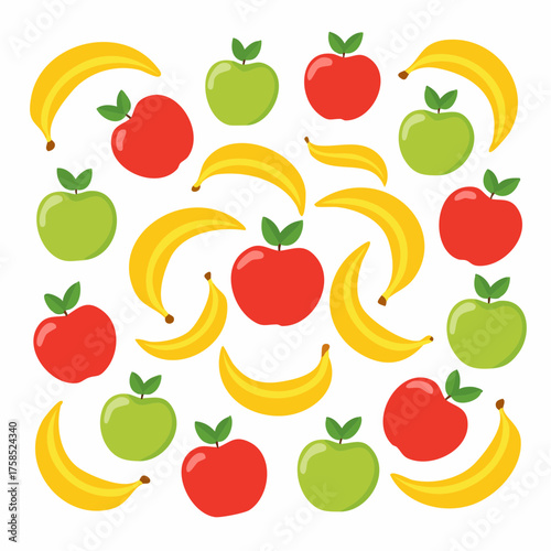 Colorful fruit vector pattern featuring pears, watermelons, pineapples, pumpkins, bananas, and apples arranged in a playful, seamless design for packaging, fabric, and decorative projects