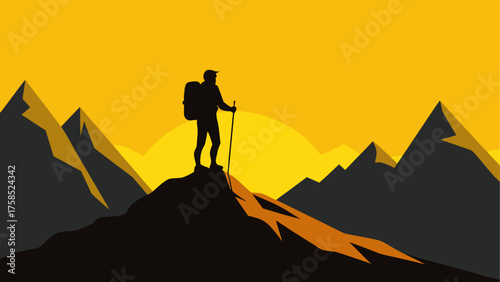 Hiker on cliff looking at mountain range