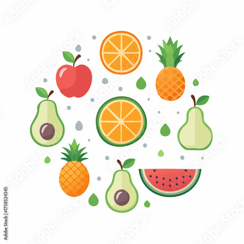 Colorful fruit vector pattern featuring pears, watermelons, pineapples, pumpkins, bananas, and apples arranged in a playful, seamless design for packaging, fabric, and decorative projects