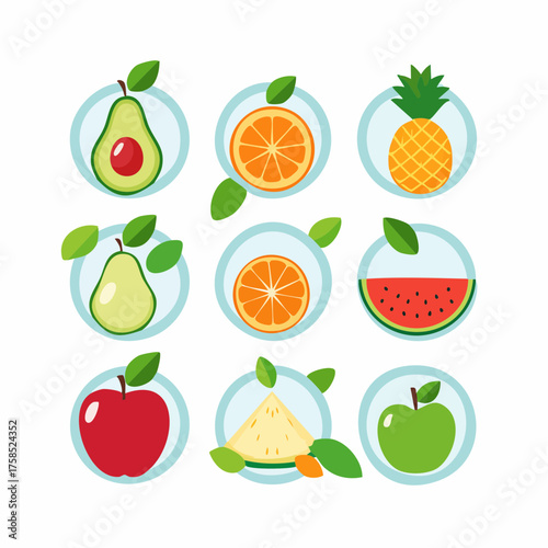 Colorful fruit vector pattern featuring pears, watermelons, pineapples, pumpkins, bananas, and apples arranged in a playful, seamless design for packaging, fabric, and decorative projects