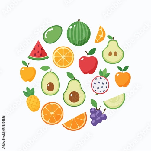 Colorful fruit vector pattern featuring pears, watermelons, pineapples, pumpkins, bananas, and apples arranged in a playful, seamless design for packaging, fabric, and decorative projects