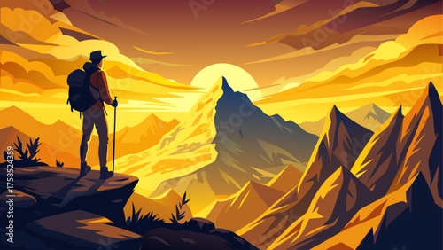 Hiker standing on a mountain top at sunset