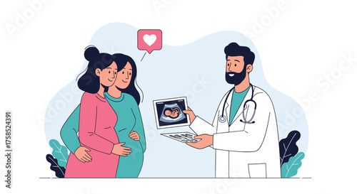 Two women excitedly review an ultrasound with their doctor representing fertility options for same-sex couples.