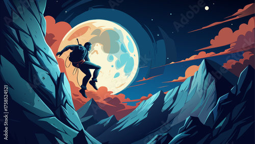 Silhouette of man climbing mountain at night