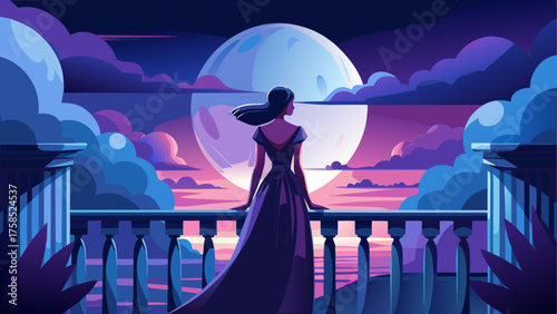 Woman silhouette gazing at the full moon