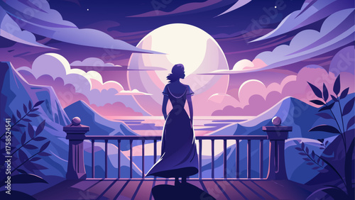 Woman gazing at the moon from a balcony