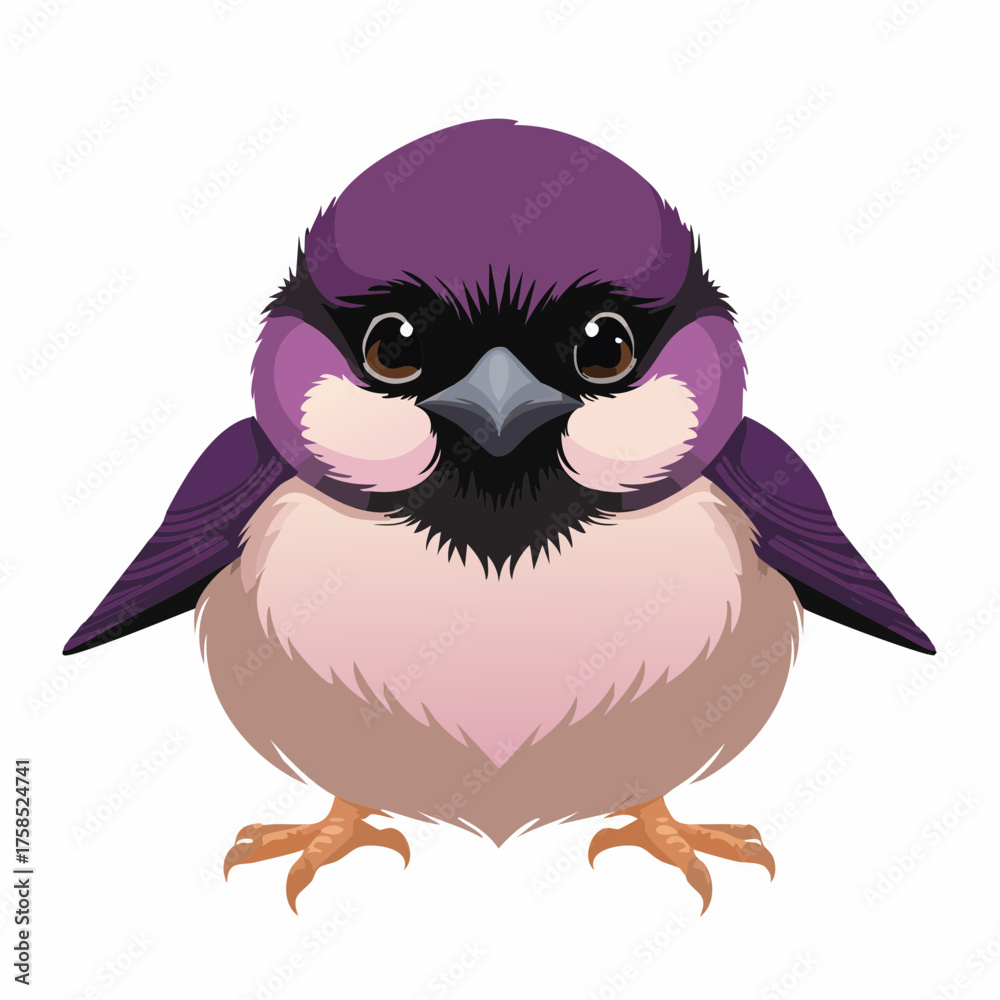 Fototapeta premium Cute purple sparrows vector illustration with big expressive eyes and playful details, perfect for children’s themes, kawaii designs, stickers, and fun graphic projects