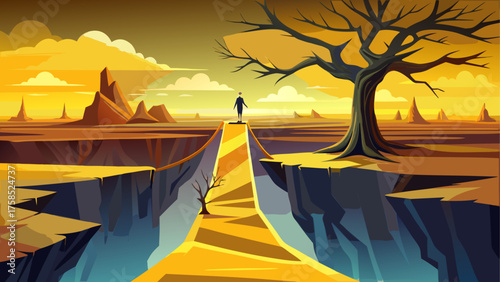 Lone figure near a desert canyon and tree