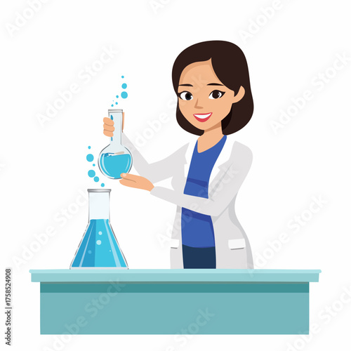 Vector illustration of a chemist conducting an experiment, carefully reacting blue liquid in an Erlenmeyer flask and a volumetric flask, set in a vibrant and clean laboratory scene