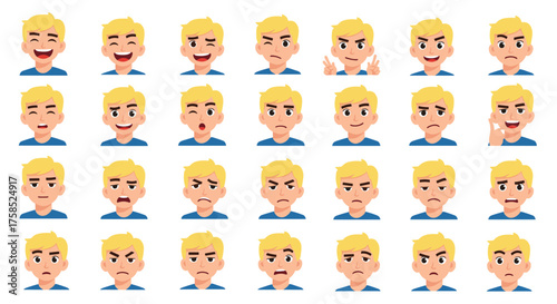 A diverse collection of cartoon boy faces showing a wide range of emotions and expressions