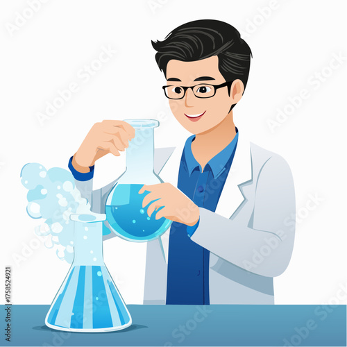 Vector illustration of a chemist conducting an experiment, carefully reacting blue liquid in an Erlenmeyer flask and a volumetric flask, set in a vibrant and clean laboratory scene