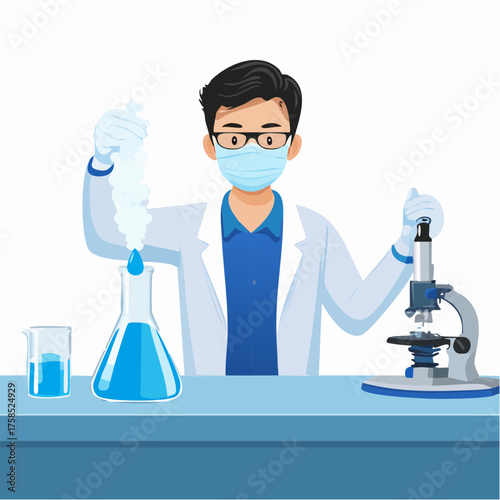 Vector illustration of a chemist conducting an experiment, carefully reacting blue liquid in an Erlenmeyer flask and a volumetric flask, set in a vibrant and clean laboratory scene
