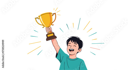 A proud young boy raises a golden trophy high in the air celebrating his victory with joy.