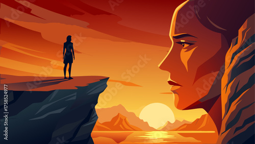 Silhouette woman standing on a cliff edge