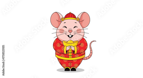 A cute cartoon rat wearing a traditional red chinese outfit holds a gift.
