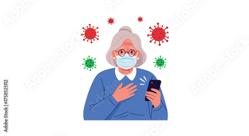 Elderly woman wearing mask holding smartphone surrounded by virus illustrations during a pandemic.