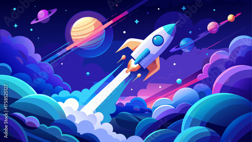 Rocket soaring through vibrant space scene