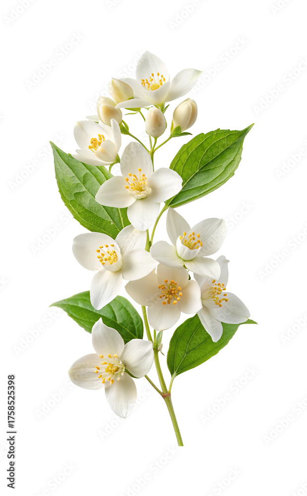 Obraz premium Close up shot of beautiful jasmine blossoms in full bloom with green leaves