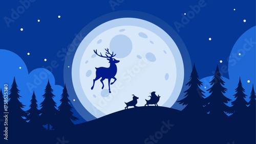 Silhouette deer and dogs in moonlight night