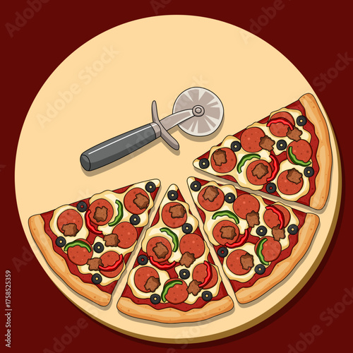 Sausage pizza slices with a pizza cutter on a wooden tray on a maroon background. Perfect for celebrating National Sausage Pizza Day on October 11th.