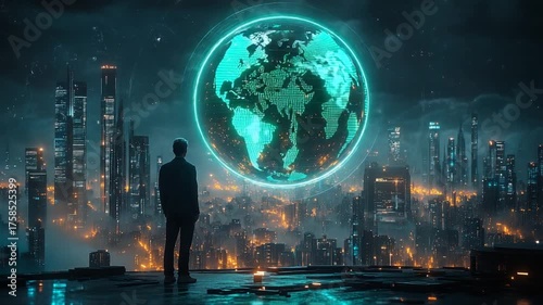 Global Vision - A Man Contemplates Earths Future in a Futuristic Cityscape.