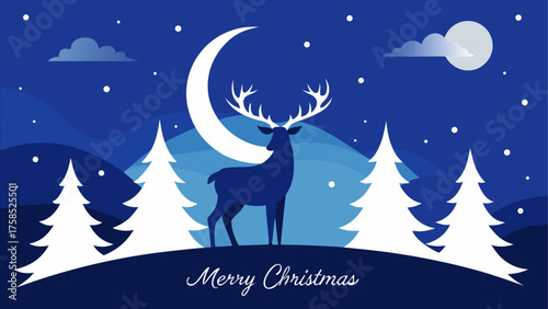 Christmas deer under moon with trees night