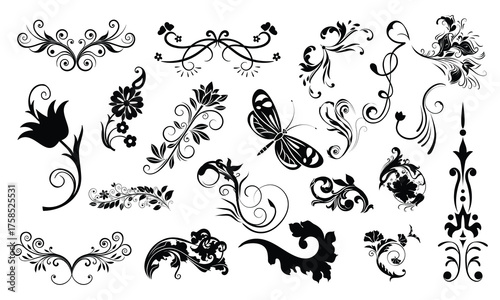Floral Ornament Vector Collection Elegant Vintage Decorative Swirls and Silhouette Elements