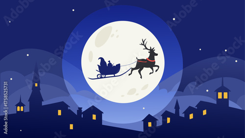 Santa flying over town with full moon night