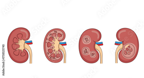 Illustrations showing the progression of kidney diseases including cyst formation and damage.