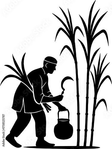 black and white silhouette of Farmer cutting sugarcane with sickle - old Punjab life concept. vector with white background 