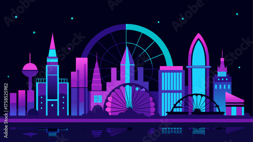 Cityscape silhouette with ferris wheels