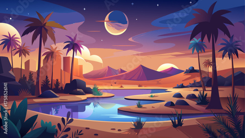 Cartoon desert landscape with palm trees