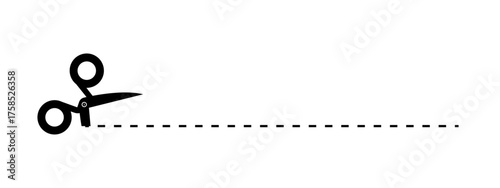 Scissors and dotted cut line icon. Cut out path for scissor. Guide for cutting out. Black scissor silhouette with cutout line for coupon, kids educational tasks, cutting off the nameplate from clothin