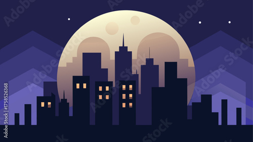 Cityscape silhouette against a full moon