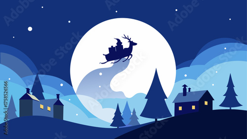 Santa flying over village in moonlight sky